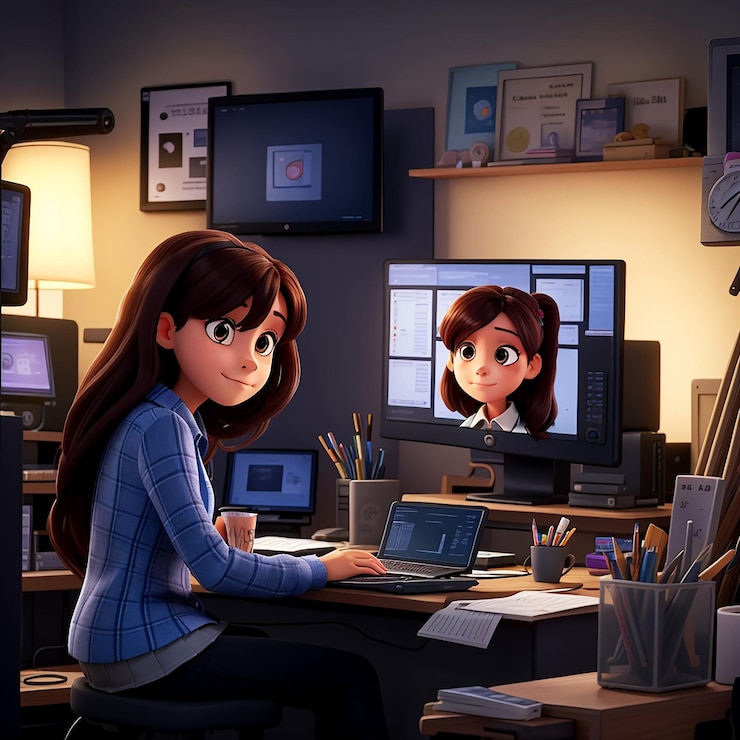 Foto retrato de una chica trabajando frente a una pantalla de computadora en su dormitorio