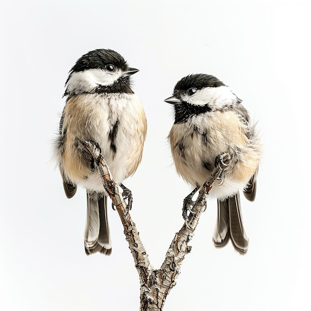 Retrato de chickadees de pie en las ramas de árboles altos