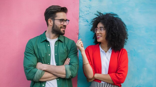 Foto retrato de un chico y una chica con trajes coloridos chismes en una pared aislada