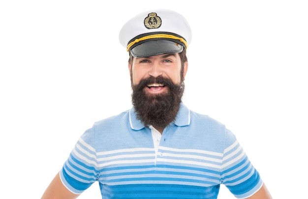 Foto retrato de chico feliz chico barbudo sonriendo con sombrero de capitán cara de marinero con barba y bigote