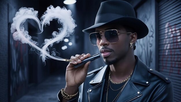 Foto retrato de un chico guapo con un sombrero negro y gafas de sol vaporizando y exhalando una nube de vapor de