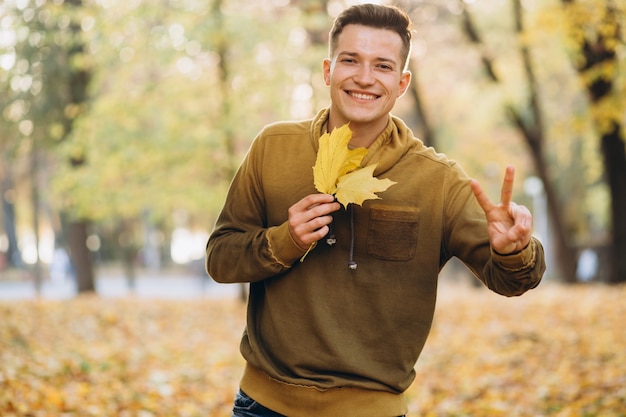 Retrato de chico guapo sonriendo y sosteniendo un ramo de hojas de otoño en el parque