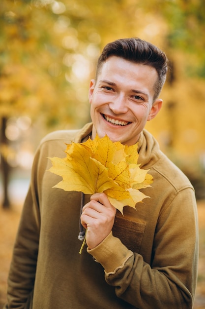 Retrato de chico guapo sonriendo y sosteniendo un ramo de hojas de otoño en el parque
