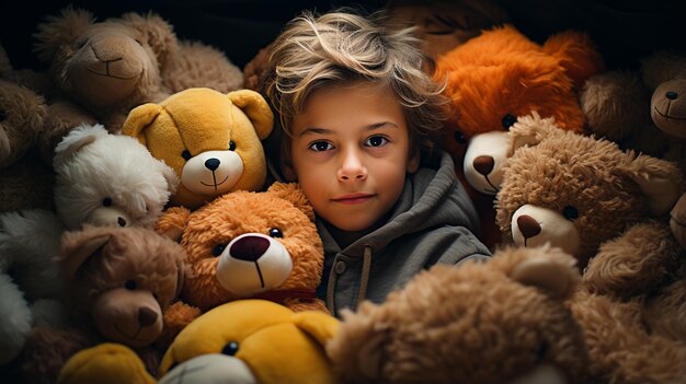 retrato de un chico lindo con un osito de juguete y su perro