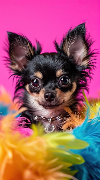 Retrato de un chihuahua rodeado de juguetes de plumas vibrantes en fondo rosa