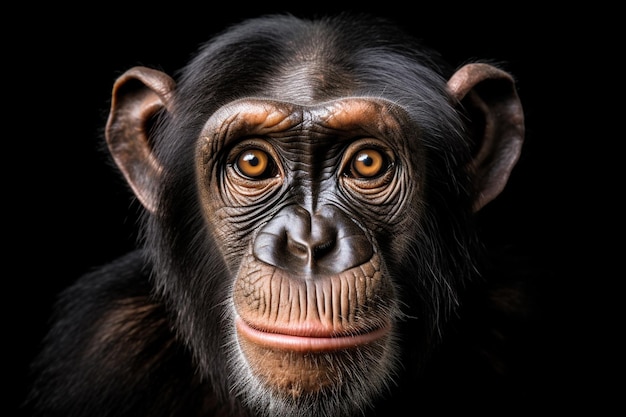 Un retrato de un chimpancé con un fondo negro.