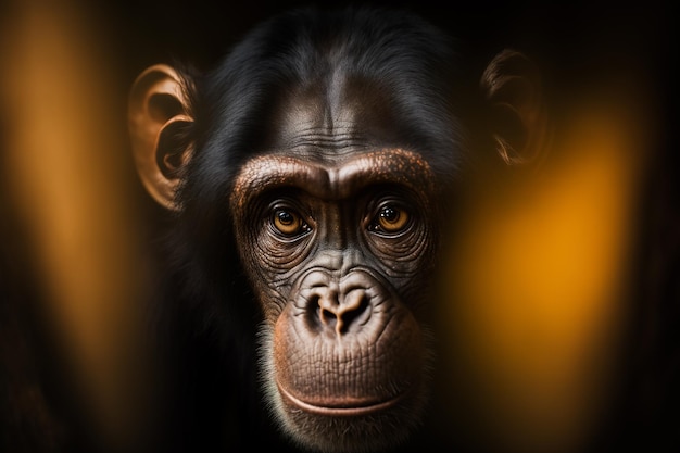 Retrato de un chimpancé mono salvaje sobre un fondo negro