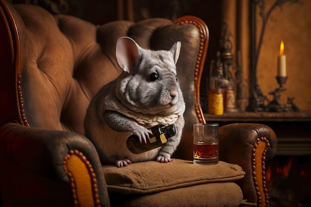 Retrato de chinchilla en un sillón de cuero caro con whisky en las manos cerca de la chimenea generativa ai