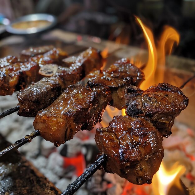 Retrato de las chuletas de cordero con carbón caliente