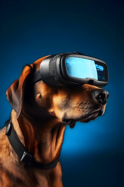 Foto retrato cibernético de un perro con gafas de realidad virtual en un fondo azul oscuro generado por la ia