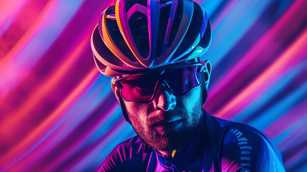 Foto retrato de un ciclista masculino decidido con casco y gafas de sol contra un fondo colorido vibrante