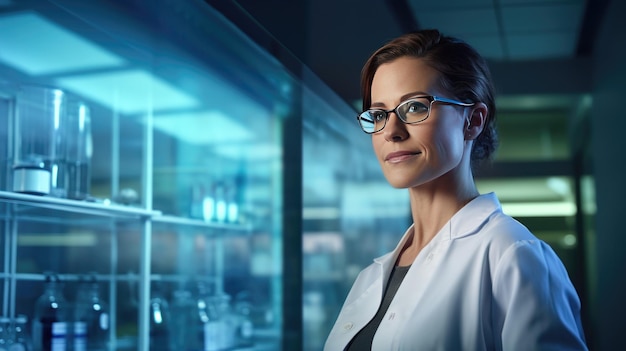Retrato de una científica confiada mirando a la cámara mientras está de pie en el laboratorio