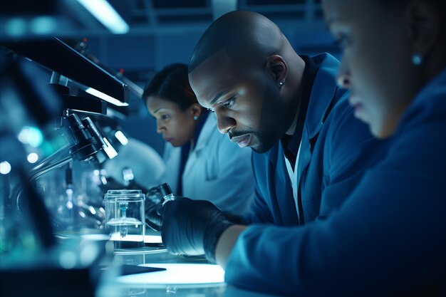 retrato de un científico afroamericano en bata de laboratorio realizando un experimento de investigación científica