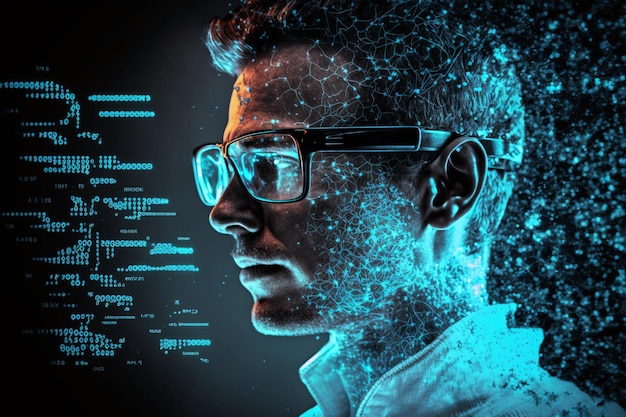 Retrato de un científico con un concepto infográfico Centro de Investigación Moderno para el Desarrollo de Nuevas Tecnologías Generación de IA