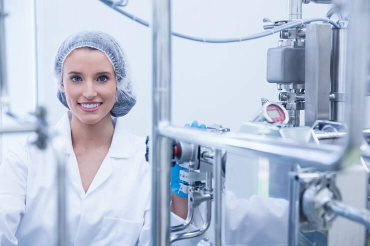 Foto retrato de un científico sonriente detrás de la tubería de metal