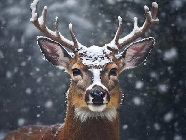 Retrato de ciervo en medio de la nieve que cae