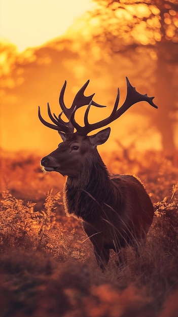 Retrato de un ciervo durante la temporada de cría en el bosque al atardecer Fondo de la naturaleza del paisaje