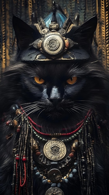 Foto retrato cinematográfico de um gato preto sério vestido de xamã