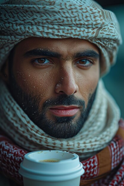 Foto retrato cinematográfico de um jovem saudita vestindo thobe branco e shemagh branco vermelho bebendo café