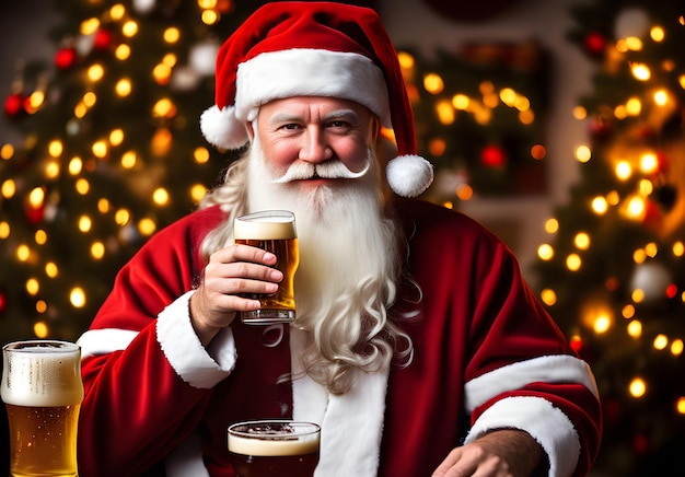 Retrato cinematográfico detalhado em HDR de um Papai Noel aconchegante saboreando cerveja K Generative AI Generated