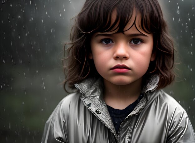 Retrato cinematográfico detallado de un niño melancólico bajo la lluvia capturado en K qu Generative AI Generated