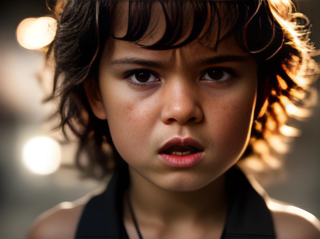 Retrato cinematográfico de un niño enojado con luz artificial con el máximo detalle Generativa AI Generada