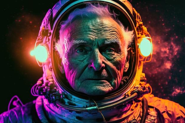 Retrato cinematográfico de un viejo astronauta en un traje espacial iluminado por una colorida luz de neón IA generativa