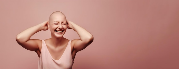 Retrato de cintura arriba en tonos cálidos de una mujer calva despreocupada después del tratamiento contra el cáncer tocando la cabeza rapada