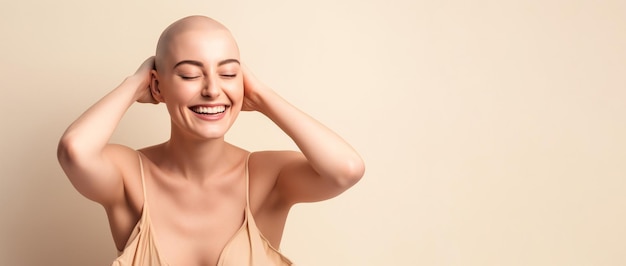 Retrato de cintura arriba en tonos cálidos de una mujer calva despreocupada después del tratamiento contra el cáncer tocando la cabeza rapada