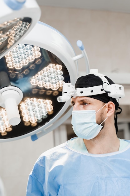 Retrato de cirujano masculino con faro en el quirófano antes de la cirugía Concepto de atención médica y medicina Cirujano vascular profesional en clínica médica