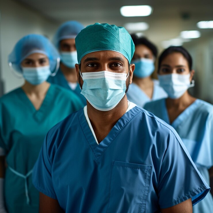 Retrato de un cirujano con su equipo médico mirando a la cámara con mascarilla