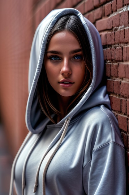 Retrato de la ciudad de una hermosa chica hipster con capucha o sudadera con capucha en blanco
