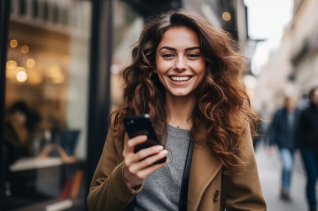 retrato, de, un, ciudad, mujer, sonriente, con, ella, smartphone