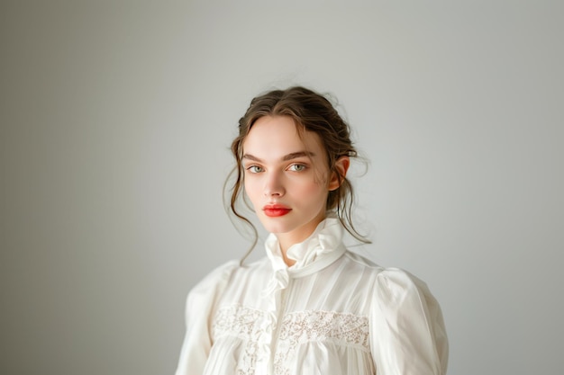 Un retrato clásico de una modelo con ropa elegante contra un telón de fondo blanco sin costuras