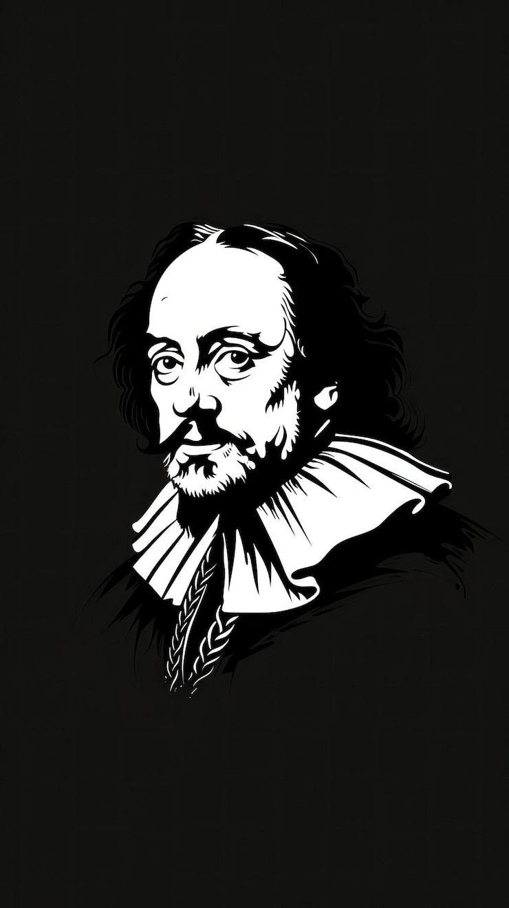 Foto retrato clássico em preto e branco de figura histórica com texto em fundo preto retrato de shakespeare