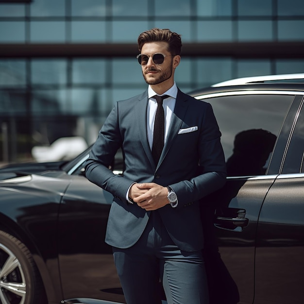 Retrato de un coche de lujo con un apuesto y elegante hombre de negocios