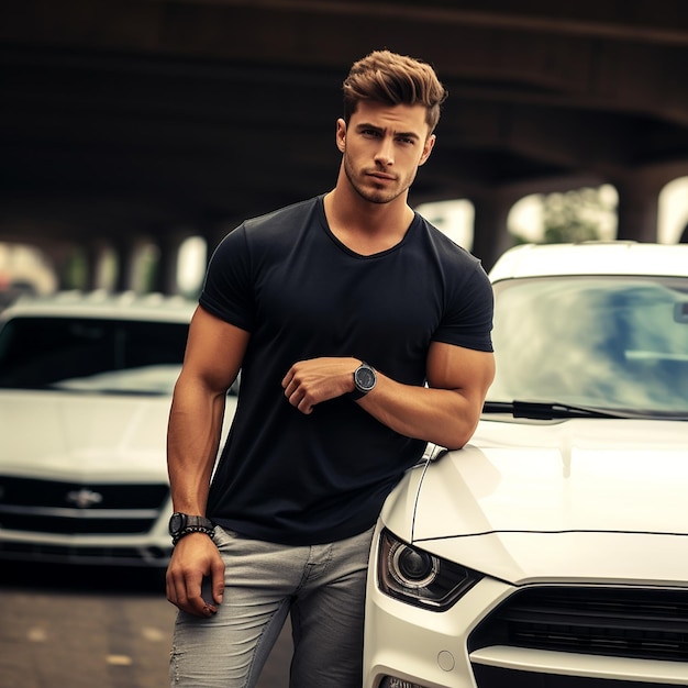 Retrato de un coche de lujo con un apuesto y elegante hombre de negocios