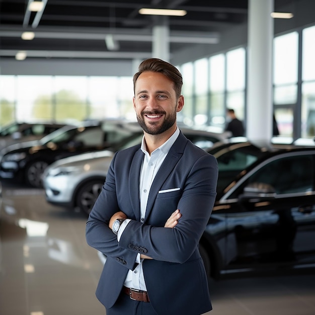 Retrato de un coche de lujo con un apuesto y elegante hombre de negocios