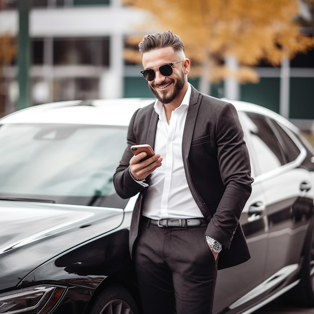 Retrato de un coche de lujo con un apuesto y elegante hombre de negocios