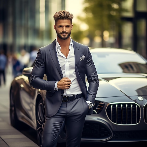 Retrato de un coche de lujo con un apuesto y elegante hombre de negocios