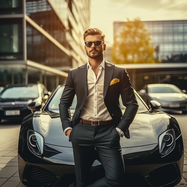 Retrato de un coche de lujo con un apuesto y elegante hombre de negocios