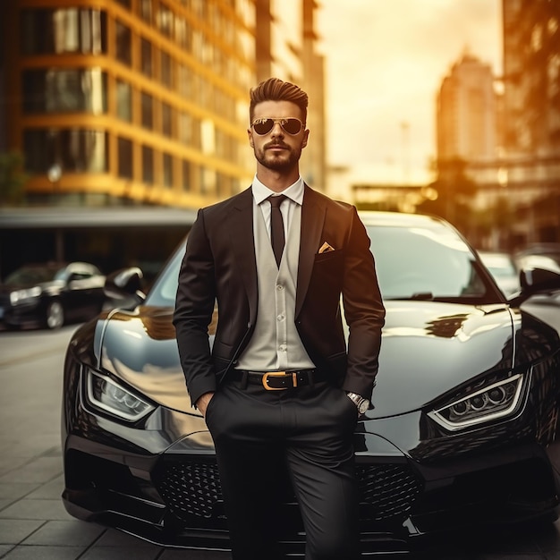 Retrato de un coche de lujo con un apuesto y elegante hombre de negocios