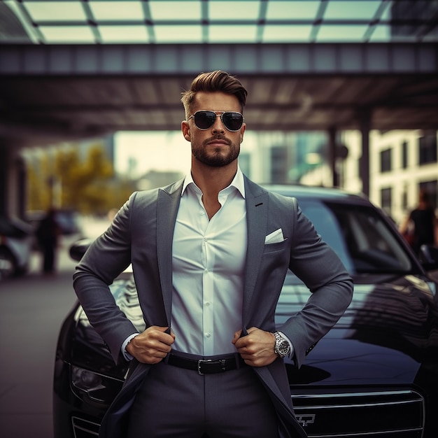 Retrato de un coche de lujo con un apuesto y elegante hombre de negocios