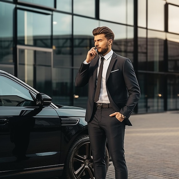 Retrato de un coche de lujo con un apuesto y elegante hombre de negocios