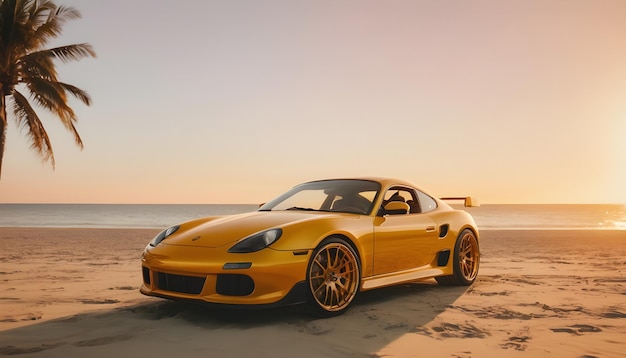 Retrato de un coche rápido en el fondo de la playa