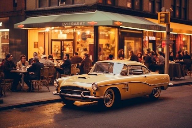 Retrato de coche viejo 1970 New York Street Cafe