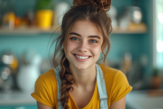 En el retrato de la cocina de una mujer joven con trenzas mirando a la cámara que está haciendo tareas domésticas y limpieza