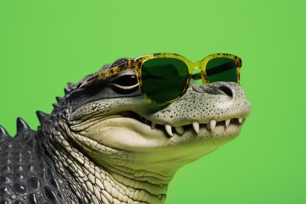 Foto retrato de cocodrilo con gafas de sol sobre fondo verde claro generado por ia