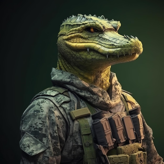 Retrato de un cocodrilo vestido con un traje militar táctico sobre un fondo limpio Ilustración de animales reptiles IA generativa