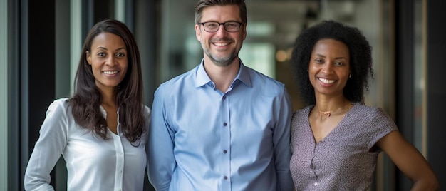 Foto retrato de colegas de negocios multirraciales sonrientes junto a la ventana